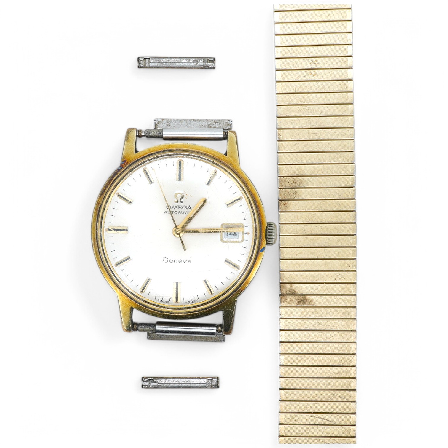 A gentleman's mid 20th century steel and gold plated Omega Automatic wrist watch, with baton numerals and date aperture, case diameter 34mm, on an associated flexible strap (a.f.), no box or papers. Condition - running b